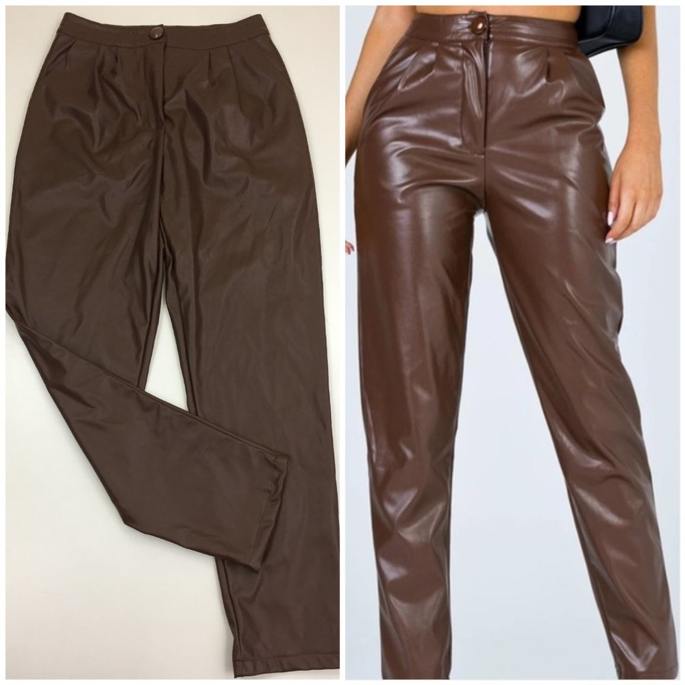 PRINCESS POLLY Brown Love Club High Waist Tapered Leg Faux Vegan Leather Pants